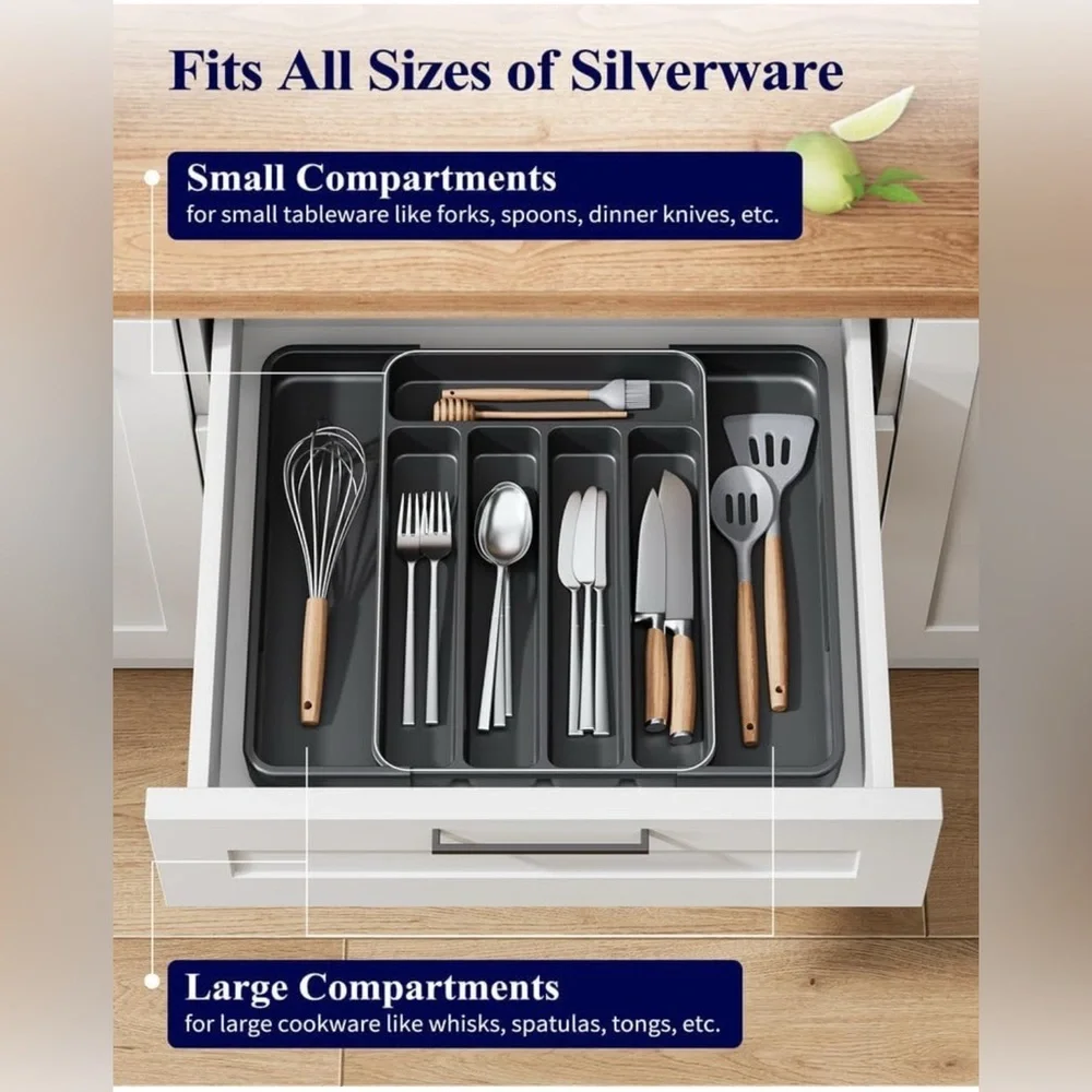 Kitsure Black Cutlery Drawer Organiser for Kitchen - Adjustable Cutlery Tray